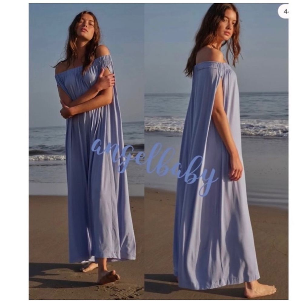 Free People Sky Blue Off-Shoulder Maxi Jumpsuit